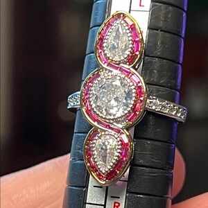 Art Deco Mine Cut Style Cubic Zirconia Pink Baguette Ruby Navette Cocktail Ring